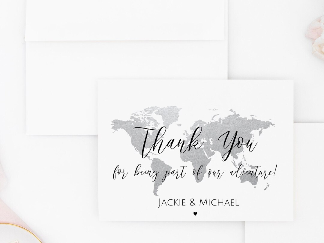 Silver Map Thank You Card, Editable World Map Thank You Card, Travel