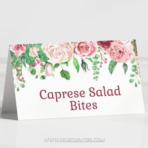 Tarjetas de carpa con comida para el Día de la Madre, decoraciones imprimibles para el Día de la Madre, brunch para el Día de la Madre, tarjetas de buffet personalizables, tarjetas con nombres, MM2