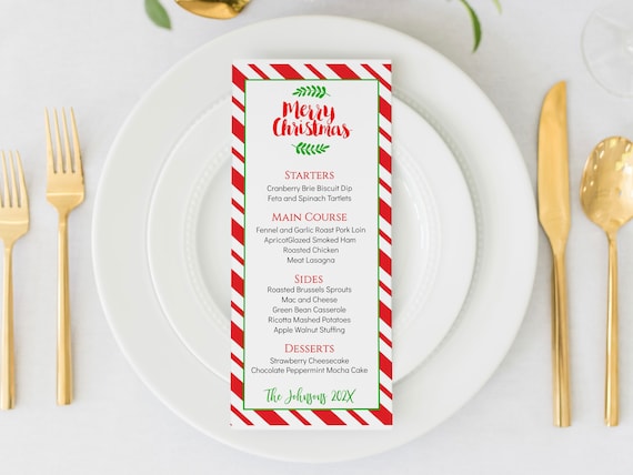 Editable Christmas Menu Template: Candy Cane Design (Digital Download)