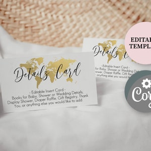 K&ouml;nnte beinhalten: Editierbare Details-Kartenvorlage mit einem goldenen Weltkarten-Design. Die Karte enth&auml;lt den Text "Details-Karte" und "Editierbare Einf&uuml;gekarte - B&uuml;cher f&uuml;r Baby, Dusche oder Hochzeitsdetails, Pr&auml;sentationsdusche, Windel-Tombola, Geschenkeliste, Danke, oder alles, was Sie hinzuf&uuml;gen m&ouml;chten."
