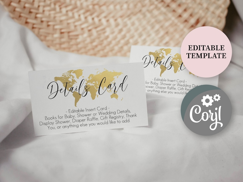 K&ouml;nnte beinhalten: Editierbare Details-Kartenvorlage mit einem goldenen Weltkarten-Design. Die Karte enth&auml;lt den Text "Details-Karte" und "Editierbare Einf&uuml;gekarte - B&uuml;cher f&uuml;r Baby, Dusche oder Hochzeitsdetails, Pr&auml;sentationsdusche, Windel-Tombola, Geschenkeliste, Danke, oder alles, was Sie hinzuf&uuml;gen m&ouml;chten."