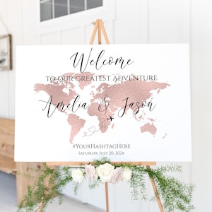 Modello di cartello di benvenuto mappa oro rosa, cartello di benvenuto stampabile, cartello di benvenuto per baby shower, cartello per addio al nubilato, matrimonio a tema di viaggio, TT1