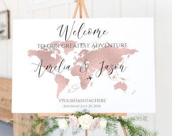Rose Gold Map Welcome Sign Template, Printable Welcome Sign, Baby Shower Welcome Sign, Bridal Shower Sign, Travel Theme Wedding, TT1