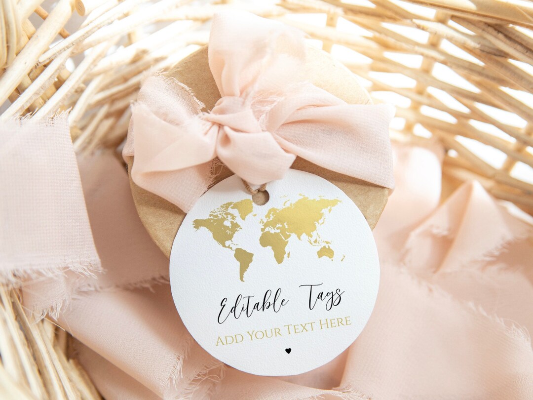 Printable World Map Favor Tags Template, Gold Map Round Gift Tags
