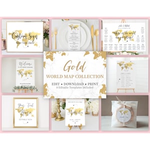 Pacchetto di cartelli per matrimoni a tema di viaggio, modelli di matrimonio modificabili con mappa del mondo in oro, baby shower a tema di viaggio, pacchetto di cartelli per addio al nubilato, TT1