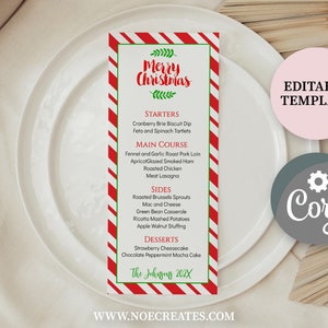 May include: A printable Christmas dinner menu template with a red and white candy cane stripe background. The menu includes starters, main course, sides, desserts, and a space for the year. The text "Merry Christmas" is in red with green leaves on either side. The text "Editable Template" is in black on a pink circle. The text "Coril" is in white on a gray circle with two gears.