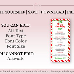 May include: Editable Christmas dinner menu template with red and white striped background. The text "Merry Christmas" is in green letters. The menu includes starters, main course, sides, and desserts. You can edit all text, font type, font color, and font size. Artwork is not editable.
