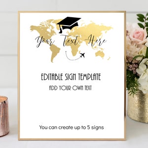 May include: Editable sign template with a gold world map and a black graduation cap. The text "Your Text Here" is written on the sign. The sign also says "Editable Sign Template" and "Add Your Own Text".
