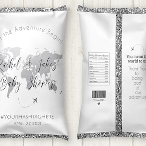 Silver World Map Chip Bag Template,  Travel Theme Party Favors, Travel Theme Baby Shower, Editable Travel Theme Chip Bag, TT1, GG1