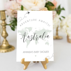 Thema Reise-Babyparty-Tischnamen-Vorlage, Weltkarten-Tischnummern, Abenteuer erwartet Sie, Tischnummern, rund um die Welt Babyparty, BB1