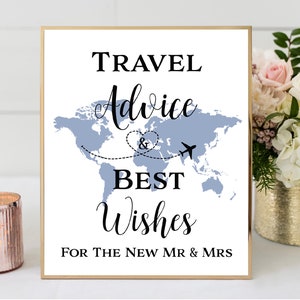 Consejos de viaje de Dusty Blue y mejores deseos para el nuevo señor y señora, boda temática de viaje, letrero del libro de visitas del mapa del mundo azul polvoriento, TT1