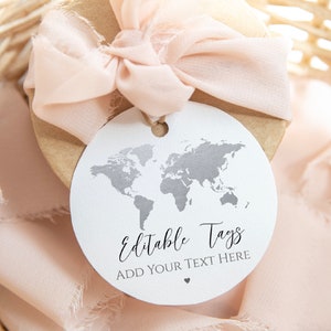 Etiquetas para fiesta con mapa del mundo plateado, plantilla de etiquetas de regalo con mapa, etiquetas de regalo para despedida de soltera con temática de viajes, fiesta Wonderlust, TT1