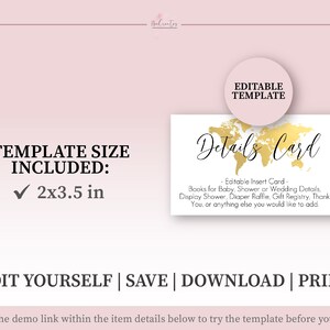 K&ouml;nnte beinhalten: Editierbare Vorlage f&uuml;r eine Detailkarte mit einem goldenen Weltkarten-Design. Die Karte ist 2x3,5 Zoll gro&szlig; und kann f&uuml;r Babypartys, Hochzeitsdetails, Windeltombola, Geschenkeliste und mehr verwendet werden.