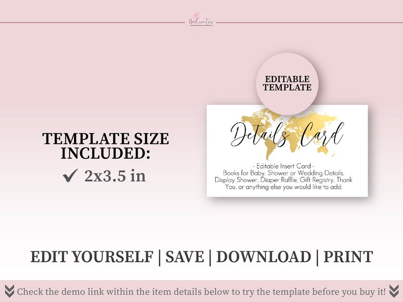K&ouml;nnte beinhalten: Editierbare Vorlage f&uuml;r eine Detailkarte mit einem goldenen Weltkarten-Design. Die Karte ist 2x3,5 Zoll gro&szlig; und kann f&uuml;r Babypartys, Hochzeitsdetails, Windeltombola, Geschenkeliste und mehr verwendet werden.