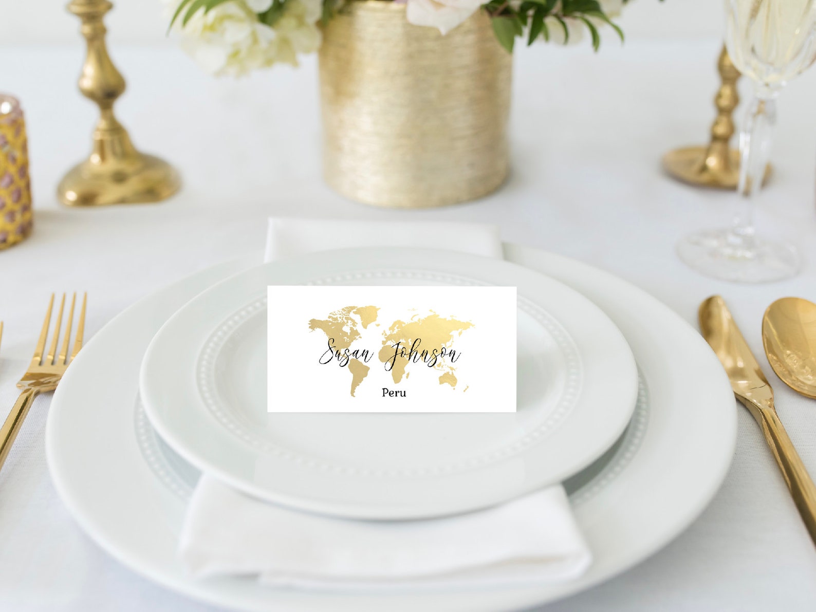 World map foldable place cards gold map travel theme name etsy