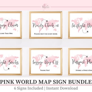 Bundle rose de signes de carte du monde, douche nuptiale rose de thème de voyage, décorations de fête de thème de voyage, mariage de thème de voyage, TT1, MB6