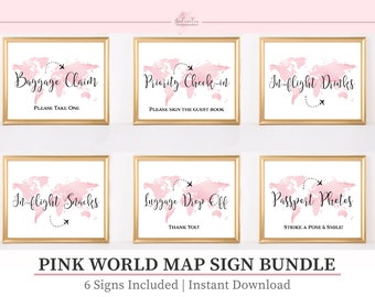 Pink World Map Travel Signs: Bridal Shower & Wedding Decor (Digital Download)