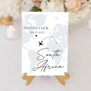 Personalisierte Hochzeitstischnummern, Weltkarten-Tischnummerkarten mit der Kartenfarbe Ihrer Wahl, Reisethema-Hochzeit, Tischnamen, TT1