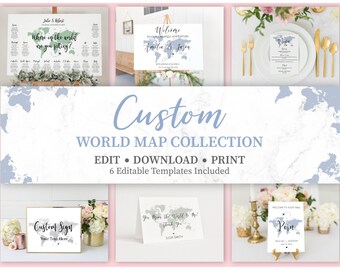 May include: A collection of custom world map templates for weddings and events. The image features various designs, including seating charts, welcome signs, and table settings. Text includes "Custom World Map Collection" and "Edit, Download, Print."