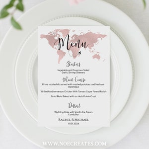 Modello menu mappa oro rosa, modello menu matrimonio tema viaggio, modello menu personalizzabile, modelli baby shower tema viaggio, TT1