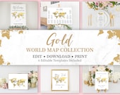 Gold World Map Wedding Sign Bundle: Travel Theme Templates (Digital Download)