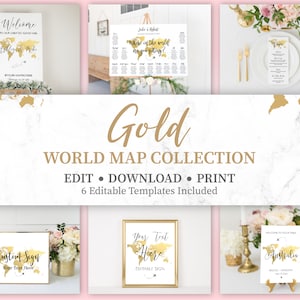 Pacchetto di cartelli nuziali con mappa del mondo color oro, modelli di matrimonio a tema di viaggio, baby shower a tema di viaggio, pacchetto di addio al nubilato a tema di viaggio, TT1