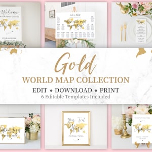 Gold World Map Wedding Sign Bundle, Travel Theme Wedding Templates, Travel Theme Baby Shower, Travel Theme Bridal Shower Bundle, TT1