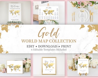 Gold World Map Wedding Sign Bundle, Travel Theme Wedding Templates, Travel Theme Baby Shower, Travel Theme Bridal Shower Bundle, TT1