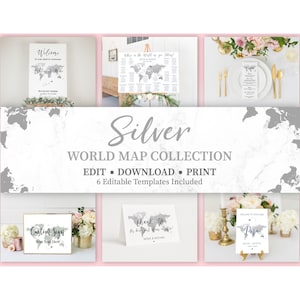 Zilveren wereldkaart teken bundel, reizen bruids douche bundel, reizen thema bruiloft tekenen, avontuur wacht op thema, baby shower tekenen, TT1