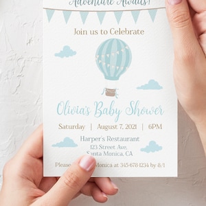 Hot Air Balloon Baby Shower Invitation Template, Up and Away Party Decor,  Up in the Air Baby Shower, Hot Air Balloon Invitation, HA1