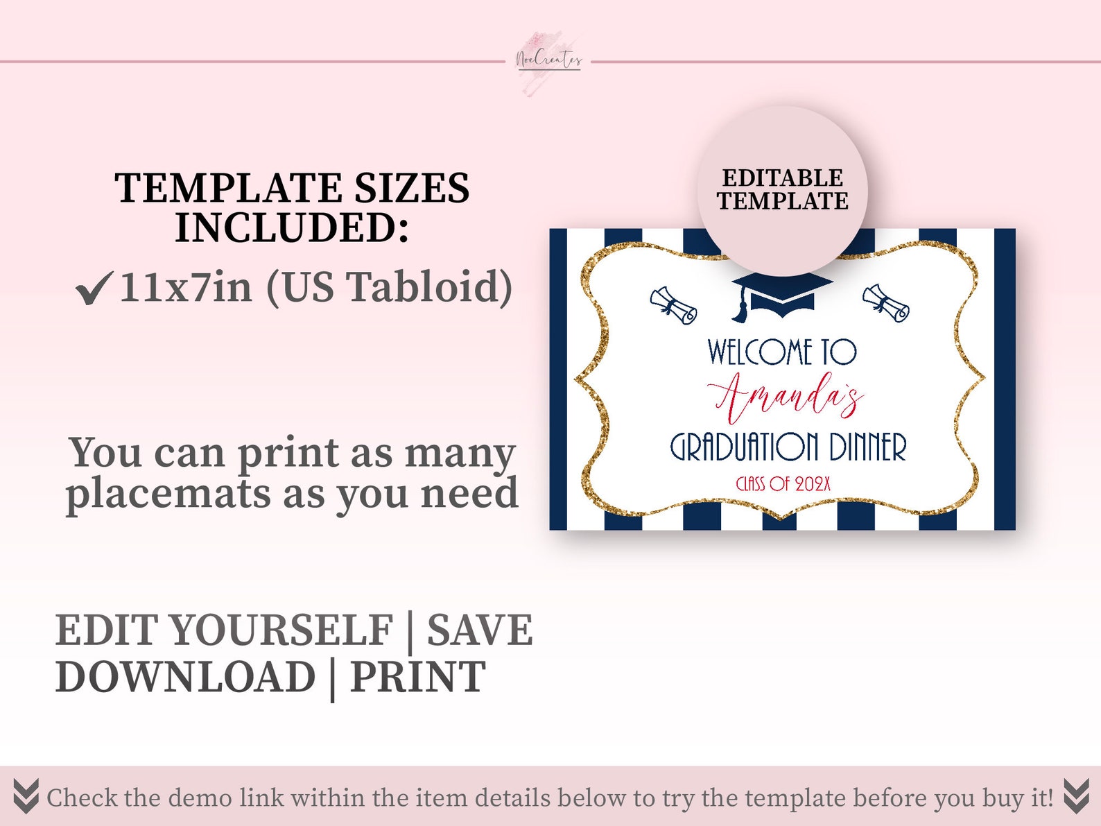 Graduation Table Placemats Template, Graduation Dinner Placemat