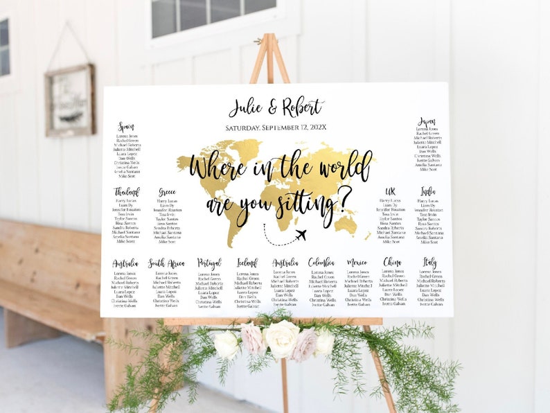 DIY Seating Chart Template, Where in the world are you sitting, Gold World Map Seating Chart, Travel Theme Wedding Seating Chart, TT1 imagem 1