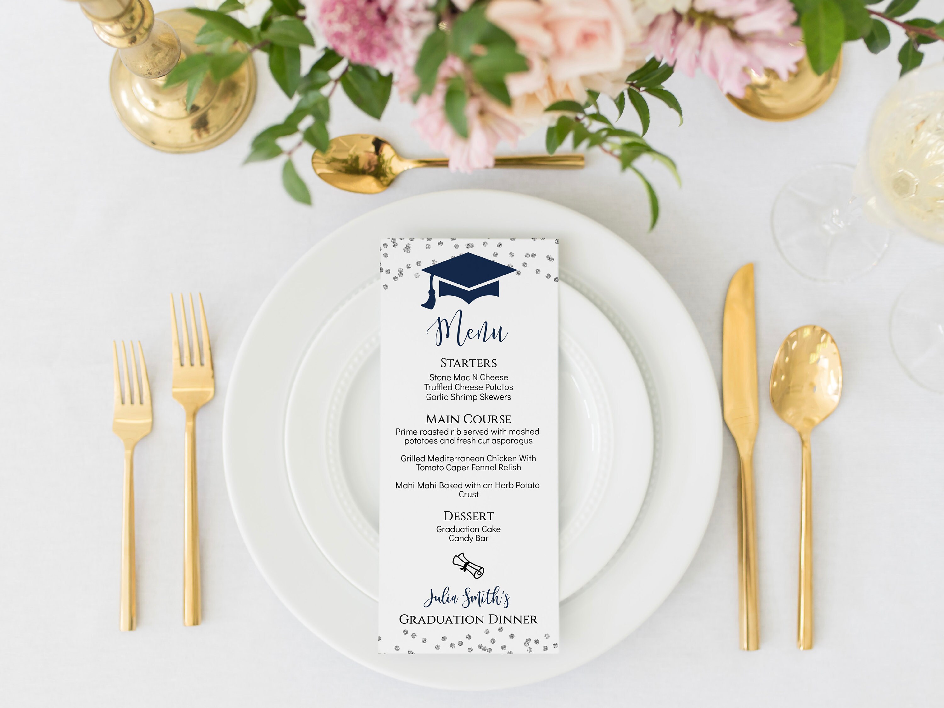 Menu Header For Graduation Silver Border Graduation Menu Template: Editable Dinner Party (digital ...