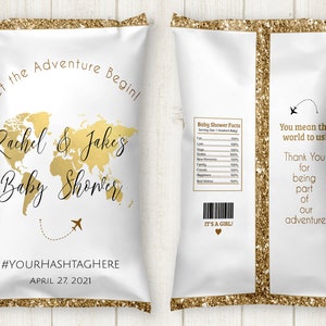 Weltkarte Chip Taschenvorlage, Bearbeitbare Reisethema Chip Tasche, Reisethema Babyparty, Reisethema Gastgeschenke, Gold Weltkarte, TT1, GG1