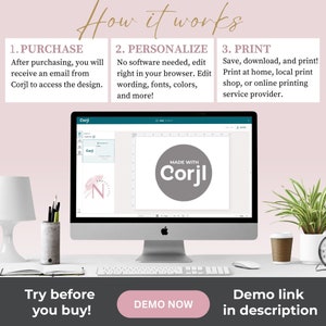 May include: A computer screen displaying a website with the text "Corjl" and a graphic of a circle with the text "MADE WITH Corjl". The screen is on a desk with a lamp, a cup of coffee, a plant, and a keyboard.