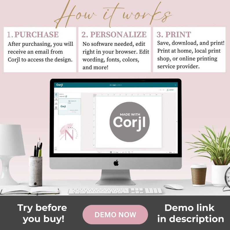 May include: A computer screen displaying a website with the text "Corjl" and a graphic of a circle with the text "MADE WITH Corjl". The screen is on a desk with a lamp, a cup of coffee, a plant, and a keyboard.