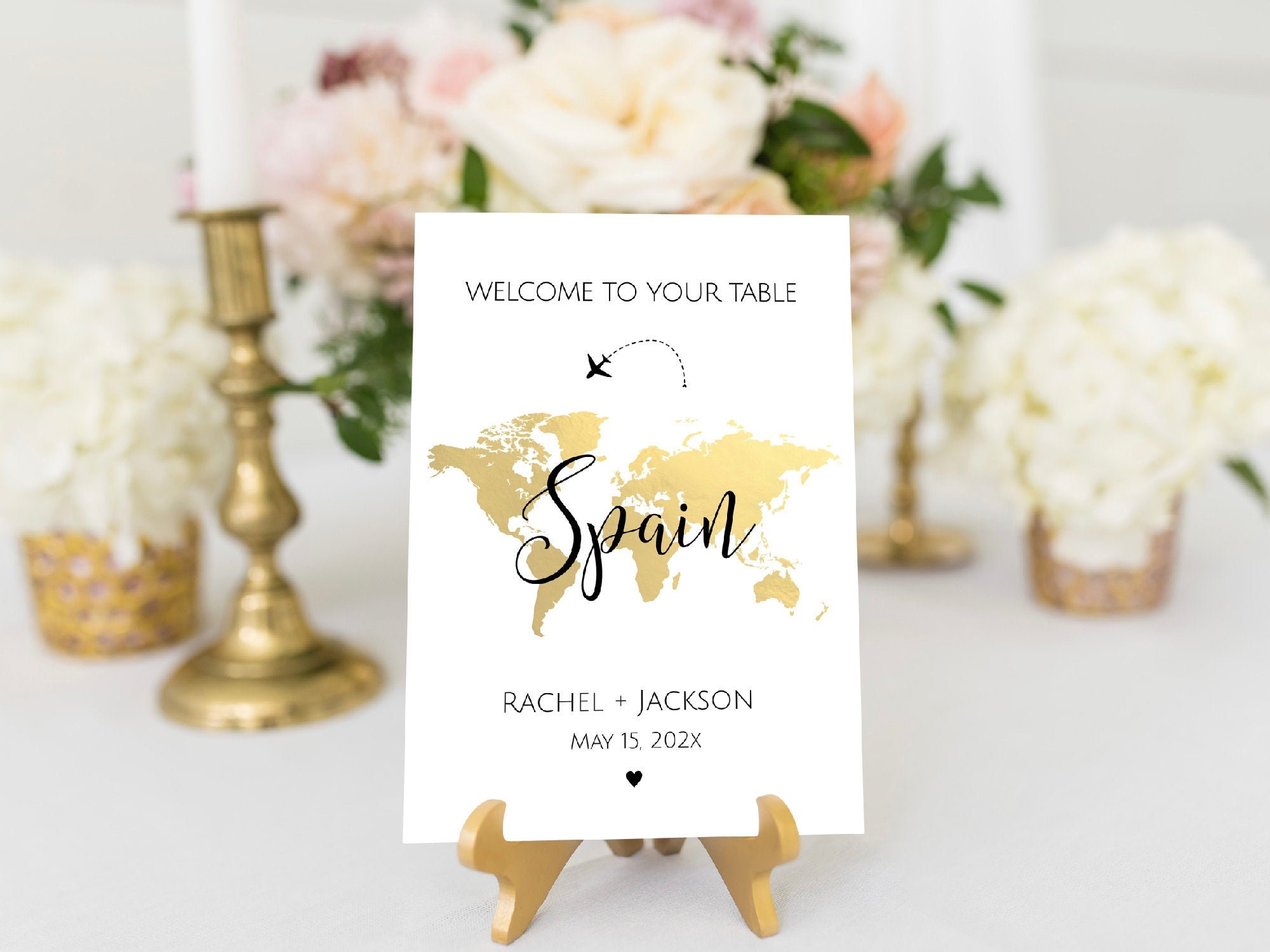 Editable Travel Theme Table Names Template, Gold World Map Table Numb…