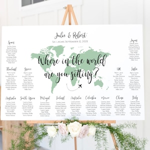 Weltkarte Hochzeit Sitzplan Vorlage, bearbeitbare Weltkarte Farbe, Wo in der Welt sitzt du?, Reise Thema Hochzeit, TT1