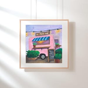 Le Petit Café - Dipinto a guazzo originale - Dipinto di roulotte retrò - Dipinto originale a mano di un caffè francese - 20x20 cm
