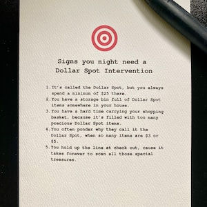 Signs you might need a Dollar Spot Intervention card; Funny card for the fan of Target, Bullseye, shopping