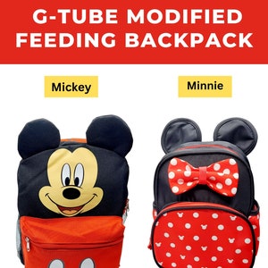 May include: Two G-tube feeding backpacks, one with a Mickey Mouse design and the other with a Minnie Mouse design. Both backpacks are red and black with white polka dots. The backpacks are shown with feeding tubes and accessories.