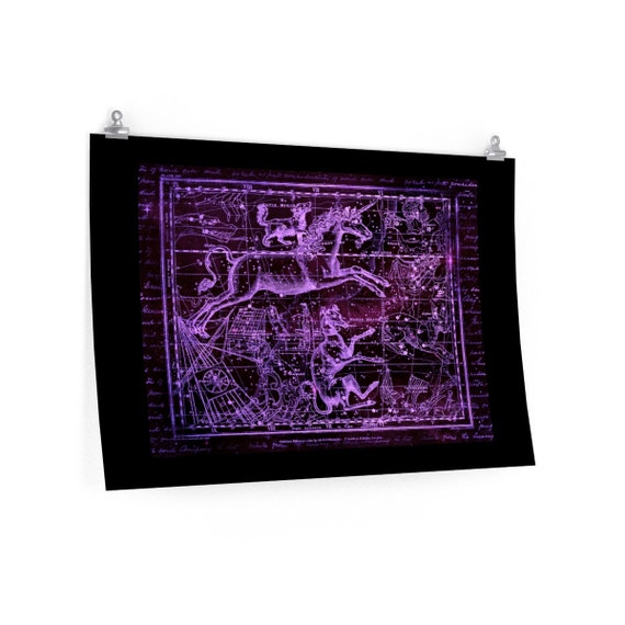 Astrology Matte Horizontal Poster Pastel Goth Witch Wall Art Print Decor Gothic Home Decor Zodiac Room Bedroom Unicorn Pink Purple Black