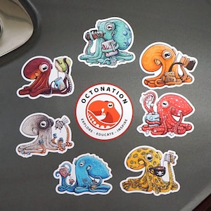 7 Magnet Pack: The OctoBaristas! Octopus Making Coffe / Tea, Octopus Fridge Magnet, Nautical Car Magnet