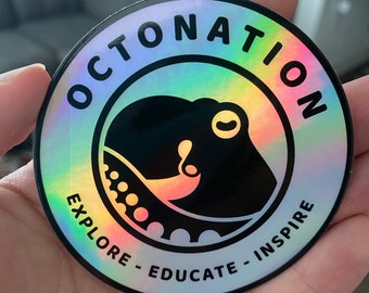OctoNation-märke, holografiskt klistermärke, laptopklistermärke, bläckfiskklistermärke, vattenflaskklistermärke, havsgåva, marinbiologi, STEM, vetenskap