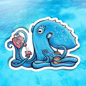 Tea Time Tina, The Giant Pacific Octopus Sticker, laptop sticker, reusable water bottle sticker, Coffee Sticker
