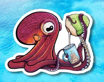 Flat White Finn, The Coconut Octopus Sticker, lap top sticker, reusable water bottle sticker, Cephalopod Sticker