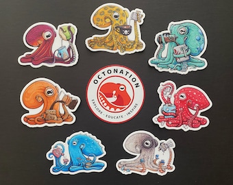 Conjunto de adesivos de café de polvo OctoBaristas, presente moderno para baristas amantes de café, arte engraçada de polvo de animal marinho, decalque para caneca de café à prova d'água