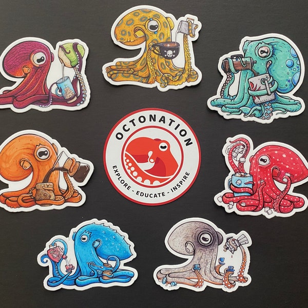 OctoBaristas Octopus Coffee Sticker Set Sheet, Barista Trendy Gift for Coffee Lover Funny Sea Animal Octopus Art Waterproof Coffee Mug Decal