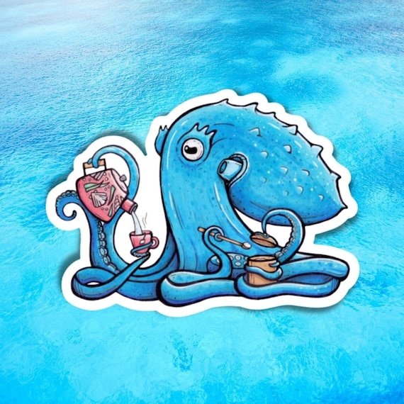 Tea Time Tina, The Giant Pacific Octopus Sticker, laptop sticker, reusable water bottle sticker, Coffee Sticker