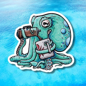 French Press Freddie, The Common Octopus Aufkleber, Lap-Top-Aufkleber, wiederverwendbarer Wasserflaschenaufkleber, Kopffüßeraufkleber, Kaffeeaufkleber
